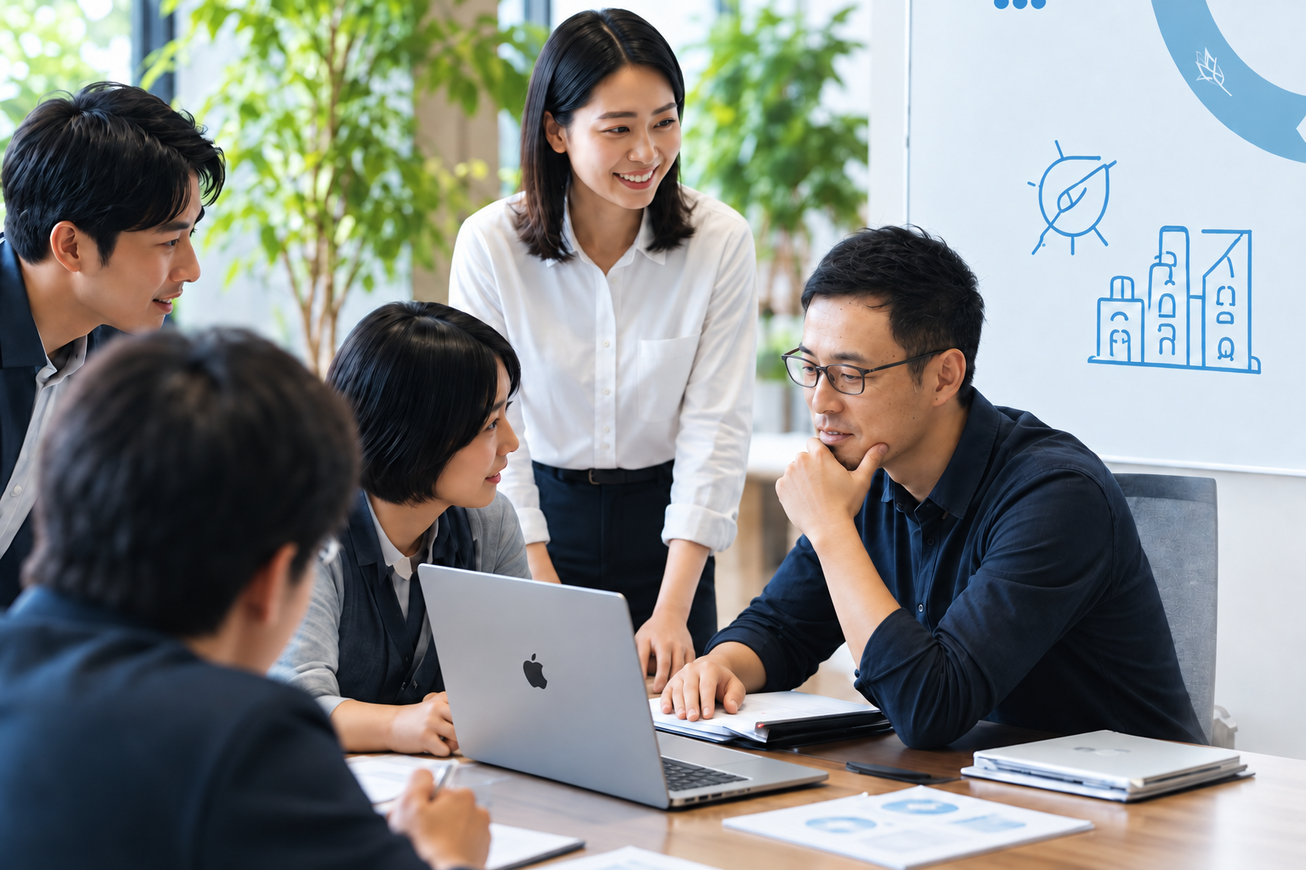 資料を囲んで対話する人々のイメージ
